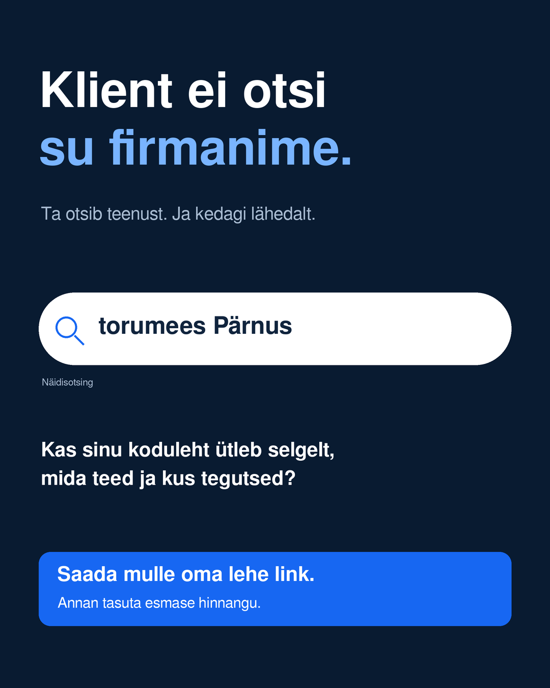 Näide otsingust „torumees Pärnus” ja küsimus, kas koduleht ütleb selgelt, mida ettevõte teeb ja kus tegutseb